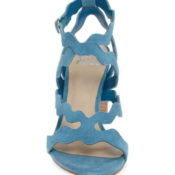 PAIGE Blue Sage Scalloped Strappy Sandals Block Heel Suede 7 NEW - Picture 3 of 12